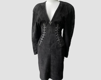 90’s Black Leather Lace-Up Corset Dress by Michael Hoban | Vintage Suede Southwest Style Midi Dress w/ Oversized Shoulders & Nipped in Waist