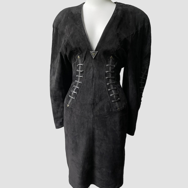 90’s Black Leather Lace-Up Corset Dress by Michael Hoban | Vintage Suede Southwest Style Midi Dress w/ Oversized Shoulders & Nipped in Waist