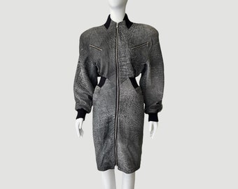 80’s Oversized Leather High Neck Midi Moto Dress by Michael Hoban | Exotic Embossed Gray Leather Dress with Shoulder Pads