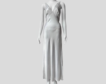 Stunning Bias Cut 1940’s Floor Length Nightgown by Yolande | Size Small Baby Blue Satin Negligee with Draped V-Neckline