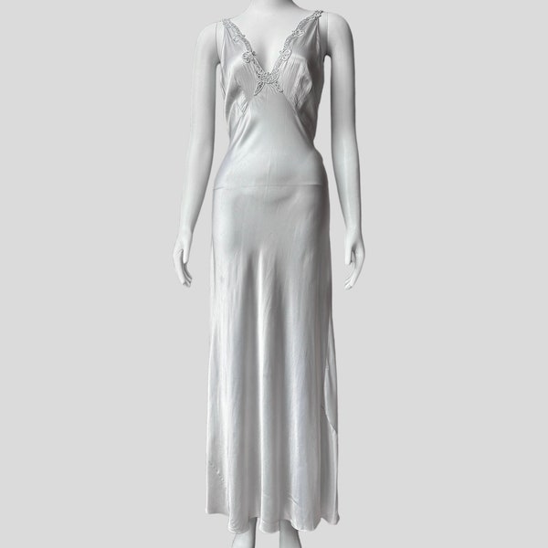 Stunning Bias Cut 1940’s Floor Length Nightgown by Yolande | Size Small Baby Blue Satin Negligee with Draped V-Neckline