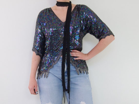 Sequin and Beaded Silk Statement Top | 70's Vintag