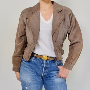 Beige Leather Cropped Motorcycle Jacket | Vintage 80&#39;s Suede Moto Jacket | Size M Flight Jacket w/ Tapered Waist