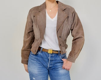 Beige Leather Cropped Motorcycle Jacket | Vintage 80's Suede Moto Jacket | Size M Flight Jacket w/ Tapered Waist