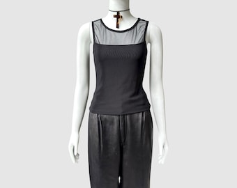 Vintage Black Mesh Panel Tank Top – 90s Y2K Stretch Nylon Sheer Yoke Minimalist Sleeveless Shirt, Goth Grunge Clubwear, Size Small
