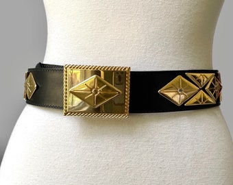 80’s Chunky Gold Metal and Leather Waist Belt by Escada | Vintage Maximalist Statement Belt with Gold Tone Plates for a Cinched Waistline