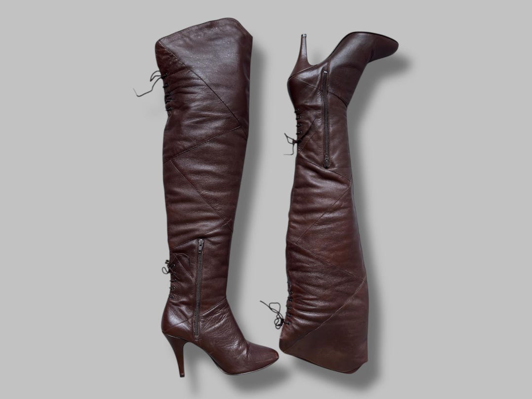 Vintage Brown Leather Thigh High Boots | Lace up & Zip Detail | Almond ...