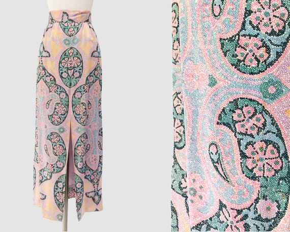 70's Pastel Print Midi Skirt | Vintage Paisley Pri