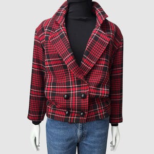 Size M-L Vintage Red Tartan Plaid Bomber Jacket by Lilli Ann Designs | 80’s Wool Blazer | Cropped Peacoat