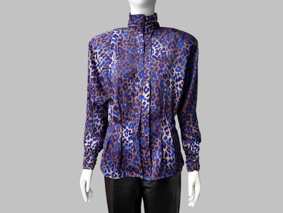 80’s Satin Printed Blouse w/ Shoulder Pads & Tail… - image 1
