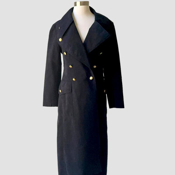 70’s Military Trench Coat in a Black Ultra Suede by Ernst Strauss | Lightweight Long Double Breasted Trench Jacket Size 8