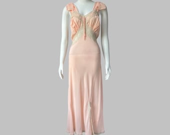 1940’s Empire Waist Nightgown in a Silky Pink Rayon with Cream Lace Accents | Slinky Bias Cut Full Length Vintage Chemise