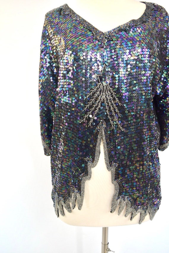 Sequin and Beaded Silk Statement Top | 70's Vinta… - image 2