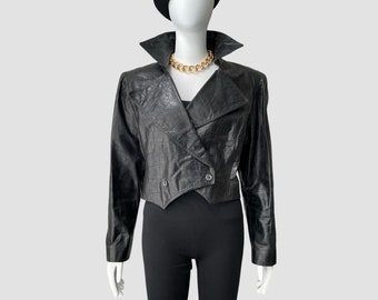 Black Croc-Effect Embossed Leather Jacket by Emanuel Ungaro Parallele | 90’s Double Breasted Black Cropped Leather Jacket | Fits Sizes S-L