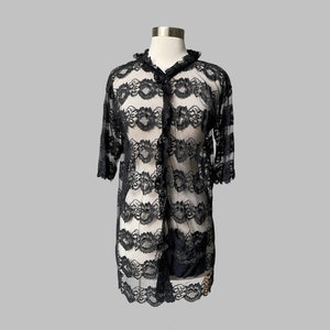 Vintage Black Lace Ruffle Button Up Shirt | Victorian Sheer Tunic Top w/ Elbow Length Sleeves | Sexy Lingerie Blouse | Gothcore Aesthetic