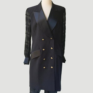 90&#39;s Escada Oversized Black Silk Tuxedo Topper | Satin Trench Coat | Size 12 Long Evening Duster Jacket w. Organza Sleeves | Mob Wife