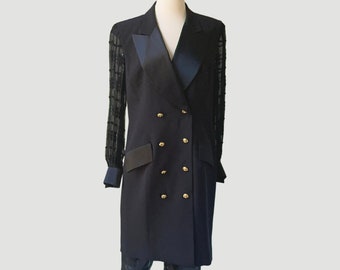 90's Escada Oversized Black Silk Tuxedo Topper | Satin Trench Coat | Size 12 Long Evening Duster Jacket w. Organza Sleeves | Mob Wife