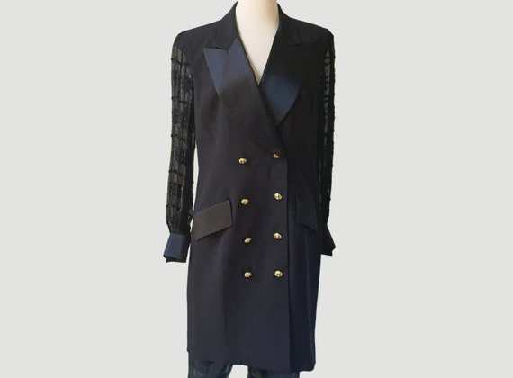 Escada, 90s Escada Silk Tuxedo Topper: Black Satin Trench Coat with Organza Sleeves