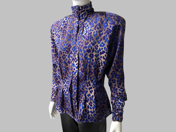 80’s Satin Printed Blouse w/ Shoulder Pads & Tail… - image 2