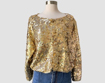 80’s Gold Sequin Cardigan Sweater  | Boxy Cropped Yellow Metallic  Sweater Knit with Glittery Pailettes by Michael Simon | Daytime Sequins