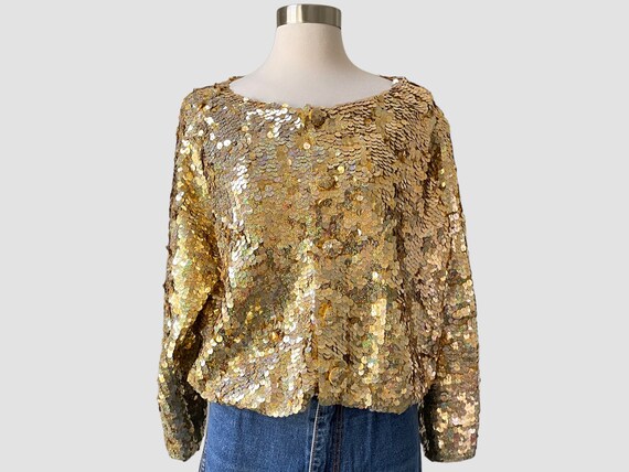 80’s Gold Sequin Cardigan Sweater  | Boxy Cropped… - image 1