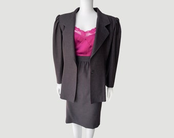 80’s Charcoal Wool Power Skirt Suit with Pink Pinstripes by Ungaro Paralelle Paris