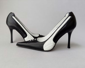 Décolleté da ginnastica in pelle con punta a punta Gianmarco Lorenzi degli anni '00 / Scarpe con tacco di design italiano in bianco e nero in condizioni pari al nuovo