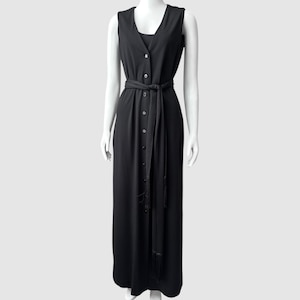 Vintage Longline Button Down Black Vest (M-L) | Sleeveless Belted Maxi Duster | Black Jersey Full Length Shirtdress with Matching Tie Belt