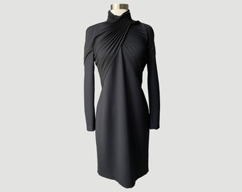 90’s Gianni Versace Couture Black Wool Dress (Size 6) | Mock Neck Long Sleeved Midi Sheath Dress | Sexy Winter Cocktail Dress | Mob Wife