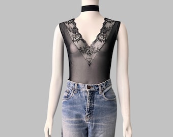 90’s Sheer Black Lingerie Bodysuit with Lace Trim (Size L)