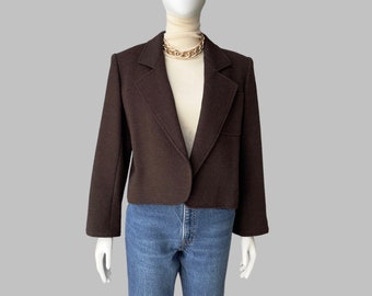 80s Saint Laurent Wool Cropped Blazer: Vintage YSL Chocolate Brown Jacket (Size 10)