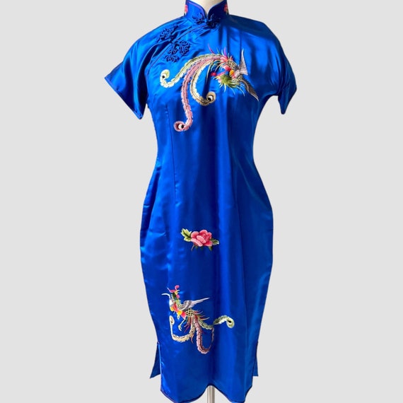 national style new Chinese printing design sense split silk cheongsam dress slim slim dress M6065