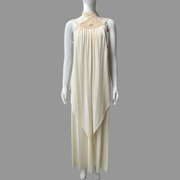70’s Boho Grecian-Style High Neck Ivory Dress w/ Crochet & Lace Collar | Draped Cream Jersey Maxi Dress w/ Side Ties | Flowy Bohemian Dress