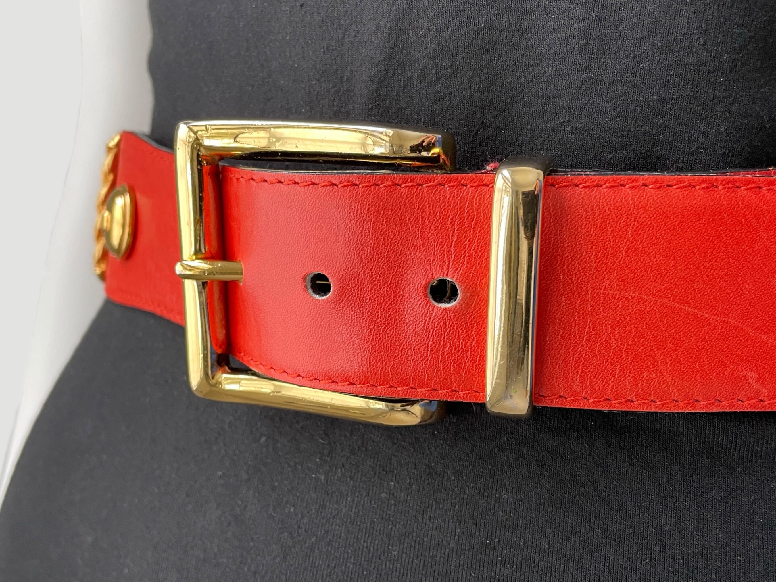 80s Escada Red Leather Belt: Chunky Gold Hardware, XS Waist 