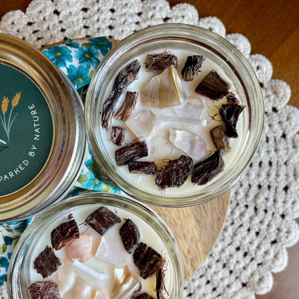 PIE coconut scented intention candle, tranquility, restoration, coconut husks, mother of pearl shells, tropical lover gift, ocean lover gift