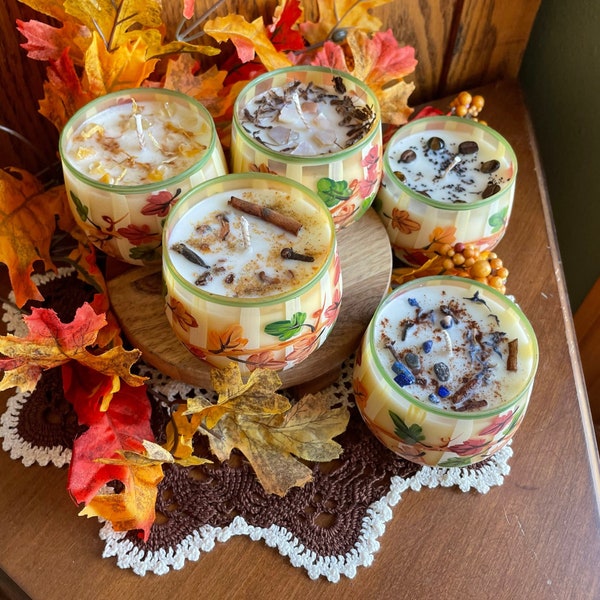 FALL LEAVES vintage votive candles, coconut pie scented, cider scented, fall decor gift, candle gift, autumn lovers gift, gifts for her