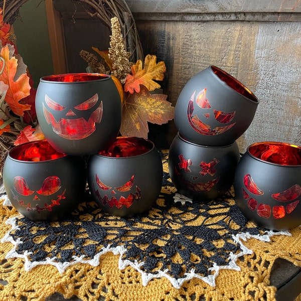 SCARY Jack-o-lantern Tealight Holders // glass monster carved pumpkin faces, Halloween lovers gifts, horror lovers gifts, fall decor gifts