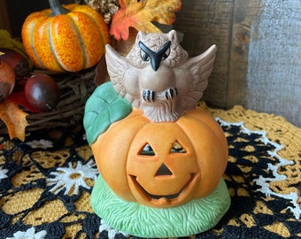 OWL AND PUMPKIN vintage ceramic tea light holder, Halloween lovers gifts, nature lover gift, fall decor gifts, bird lover gifts