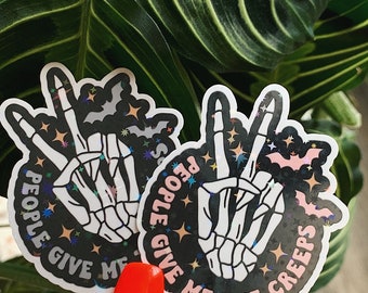 Holographic Skeleton Peace Sign Sticker: Goth Halloween Decor