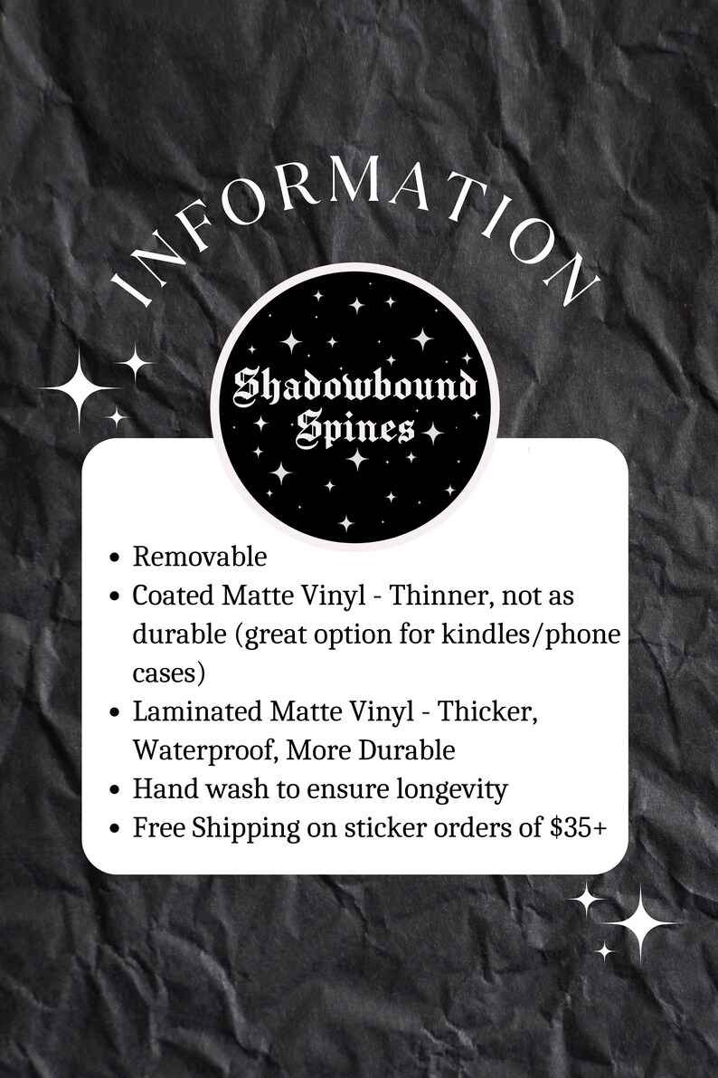 Puede incluir: Informaci&oacute;n sobre pegatinas de vinilo extra&iacute;bles de Shadowbound Spines. Las pegatinas est&aacute;n disponibles en dos acabados: vinilo mate recubierto, m&aacute;s fino y menos duradero, y vinilo mate laminado, m&aacute;s grueso, impermeable y m&aacute;s duradero. Env&iacute;o gratuito en pedidos de 35 &euro; o m&aacute;s.