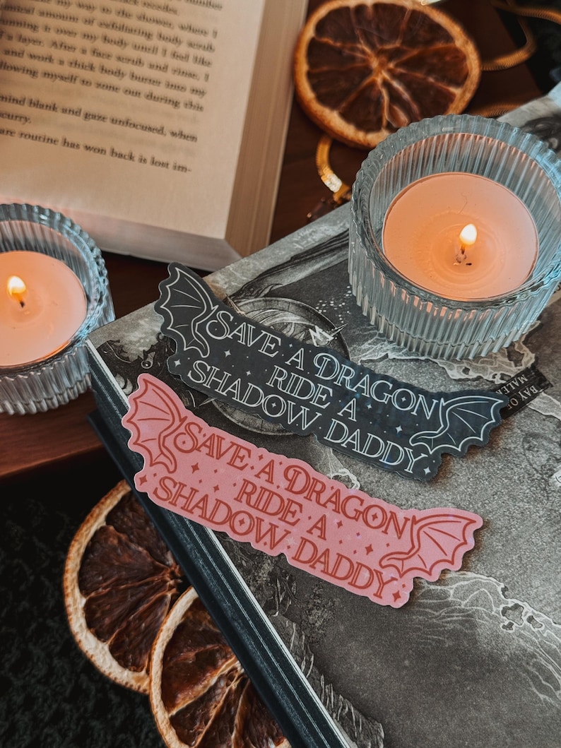 May include: Two stickers with the text 'Save a Dragon, Ride a Shadow Daddy' in black and pink lettering with a dragon wing design. The stickers are on a black book with a white illustration.