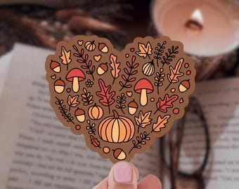 Fall Heart Sticker: Autumn Leaves, Pumpkin, Acorn - Waterproof Vinyl