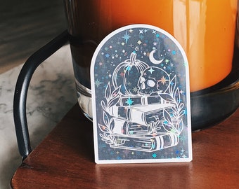Holographic Bookish Sticker: Skeleton Pumpkin Goth Horror
