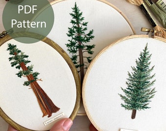 Evergreen Tree Embroidery Pattern Set: Sequoia, Fir, Pine (PDF Download)