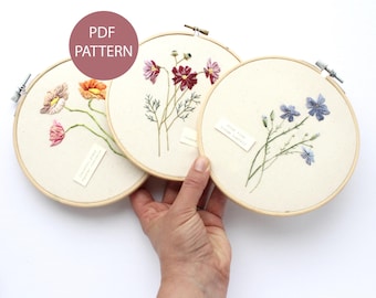 Flower Embroidery Pattern Set: Blue Flax, Cosmos, Poppy (PDF)