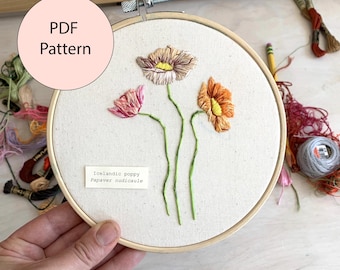Icelandic Poppy Embroidery Pattern, Thread Painting Guide (PDF)