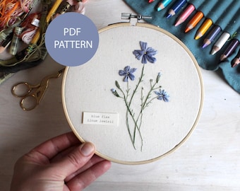 Blue Flax Embroidery Pattern, Contemporary Floral Thread Painting (PDF)