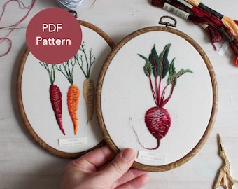Beet and Rainbow Carrot Embroidery Pattern Set (Downloadable PDF)
