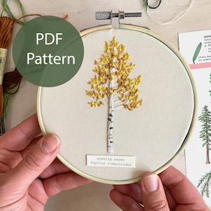 Puede incluir: Primer plano de un aro con una tela blanca estirada sobre él. La tela tiene una imagen bordada de un álamo temblón amarillo con un tronco blanco. El texto "álamo temblón Populus tremuloides" está escrito debajo del árbol.