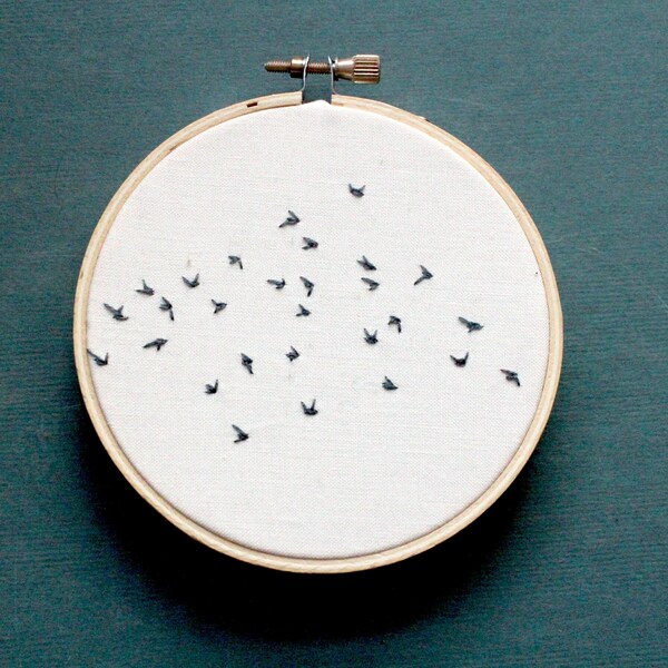 Flock I: Murmuration of Birds Embroidery Hoop Art, 4"
